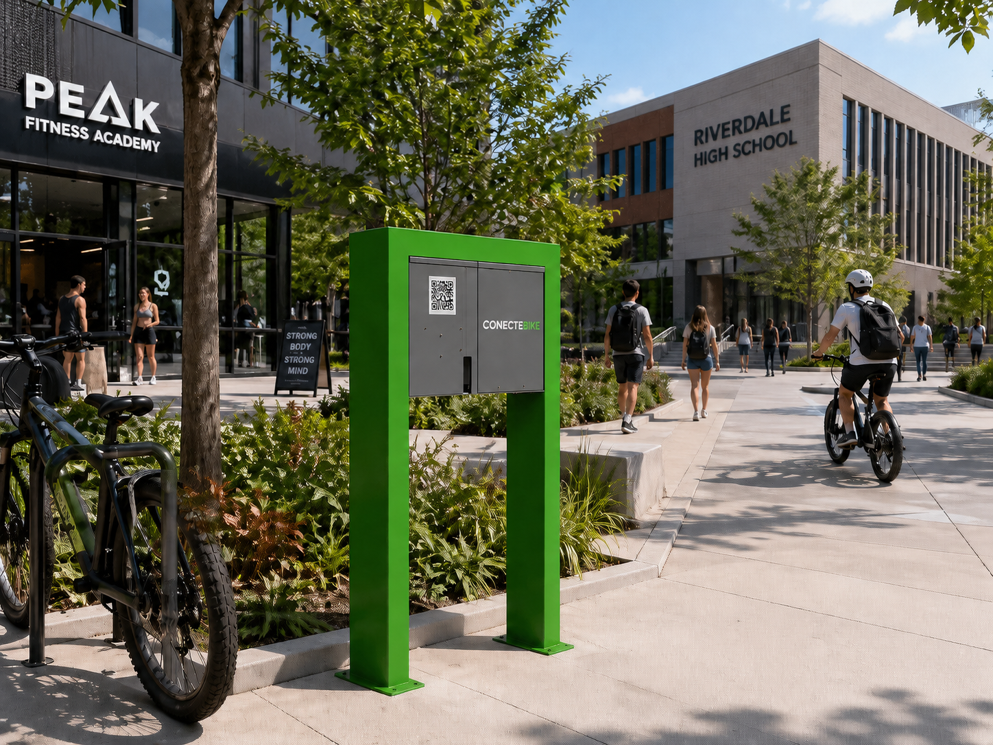 Condomínio moderno com estação ConecteBike no térreo