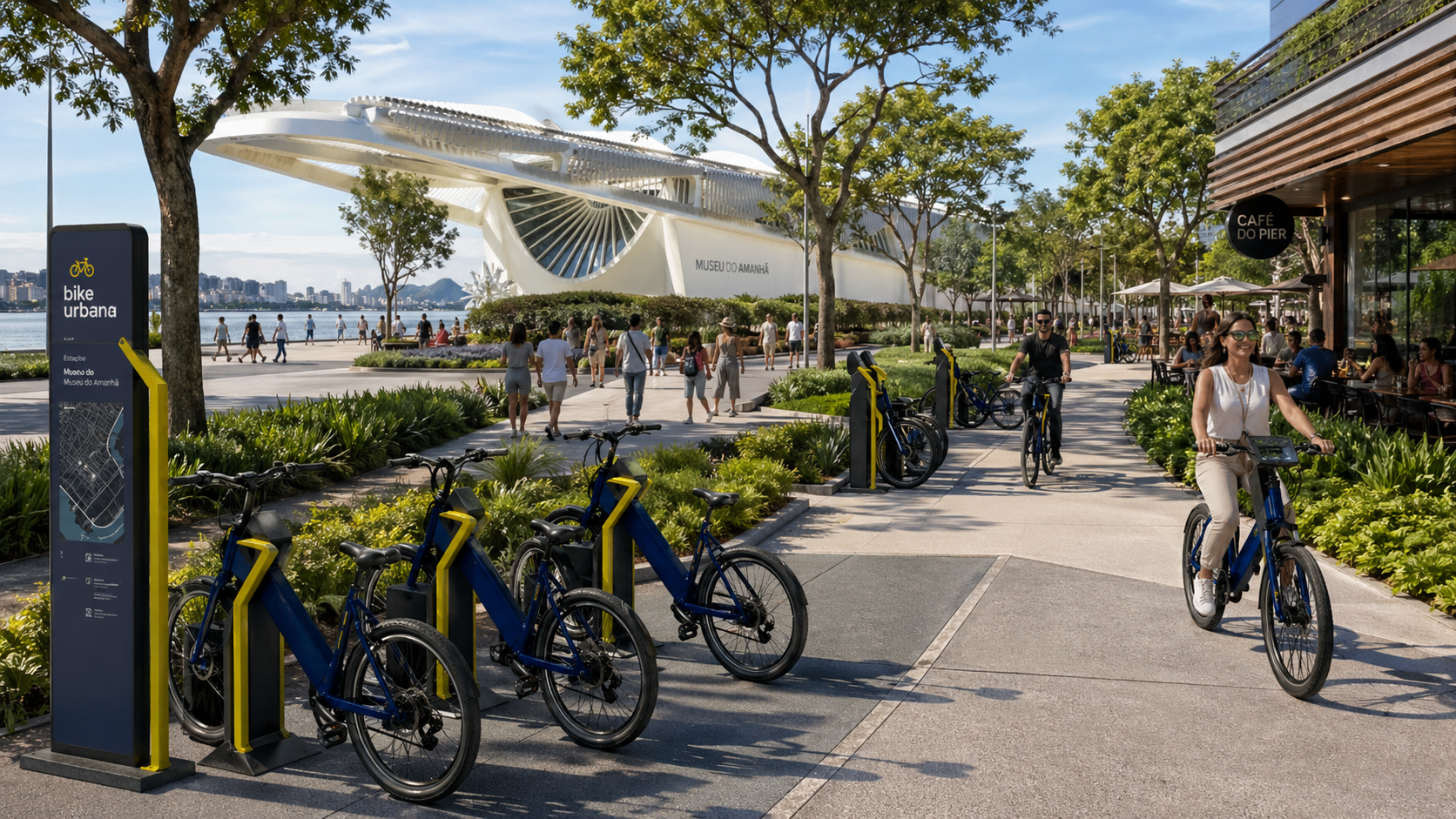 Cidade moderna com ciclovias e bicicletas e motocicletas elétricas